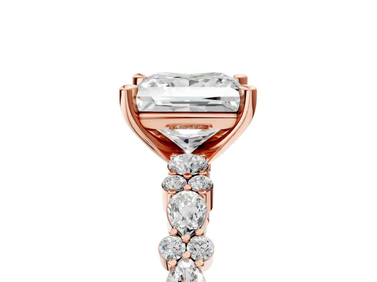 Princess Cut Diamond Side Stone Solitaire Ring with Round and Four-Prong Setting Rose gold