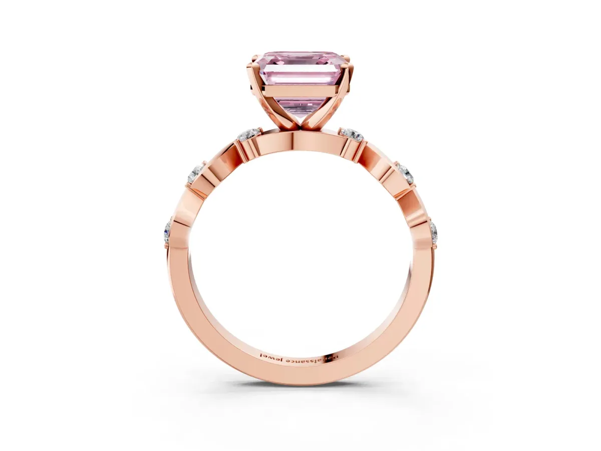 Fancy Pink Asscher Cut Diamond Solitaire Twisted Band with Round Accents and Prong Setting Rose gold