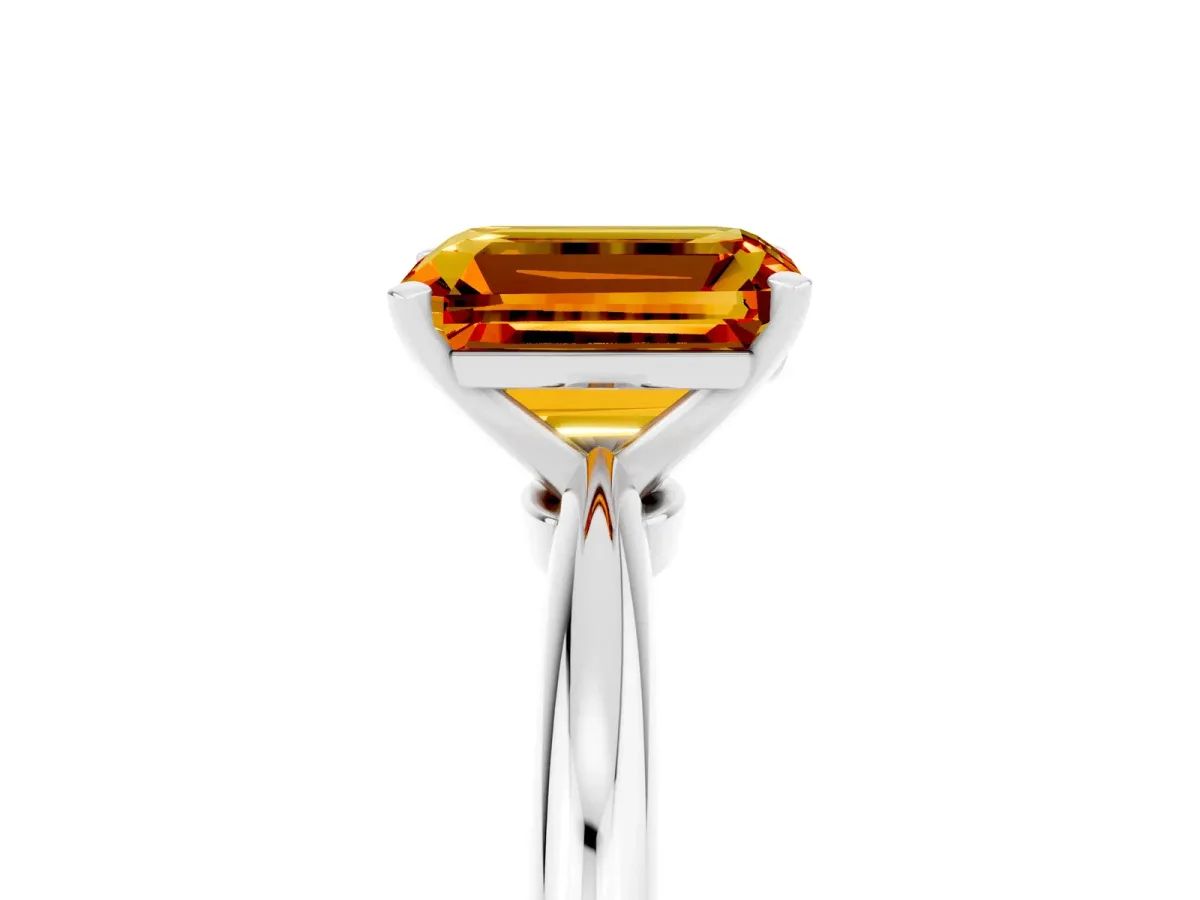 Emerald Cut Citrine Solitaire Ring with Six-Prong Setting and Classic Band Platinum