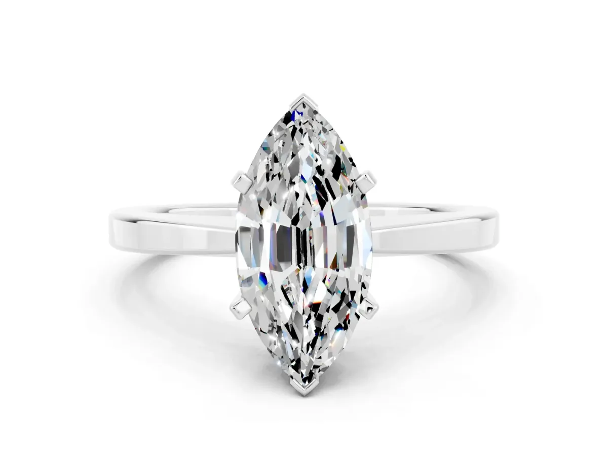 Marquise Cut Moissanite Solitaire Engagement Ring with Classic Band and Four-Prong Setting White gold