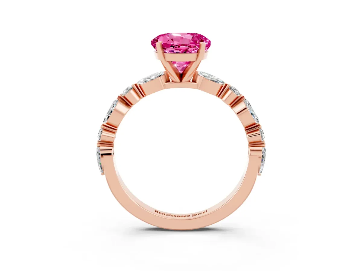 Round Cut Pink Sapphire Ring with Marquise and Round Side Stones and Four-Prong Setting Rose gold
