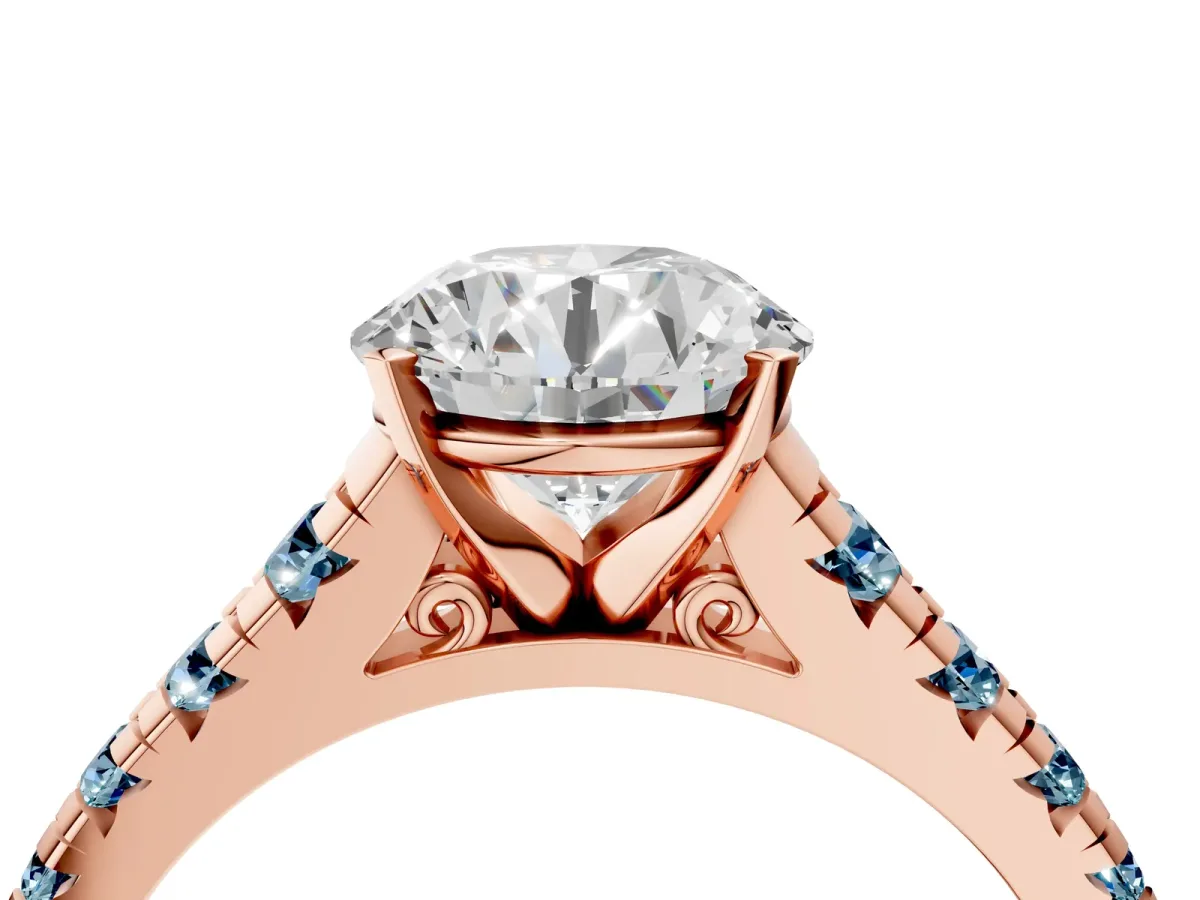 Round Cut Diamond Cathedral Solitaire Ring with Round Aquamarine Pavé Band Rose gold