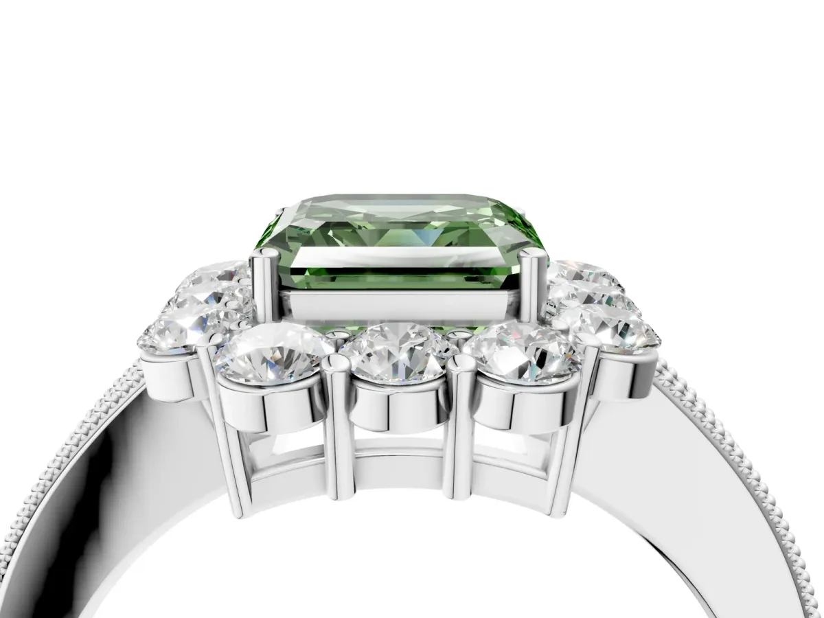 Fancy Green Asscher Cut Cut Halo Diamond Pavé Engagement Ring with Milgrain Detailing Platinum