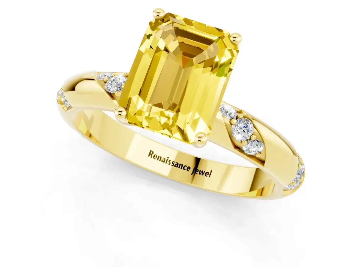 Emerald Cut Yellow Sapphire Solitaire Engagement Ring with Twisted Round Accent Band and Prong Setting Yellow gold