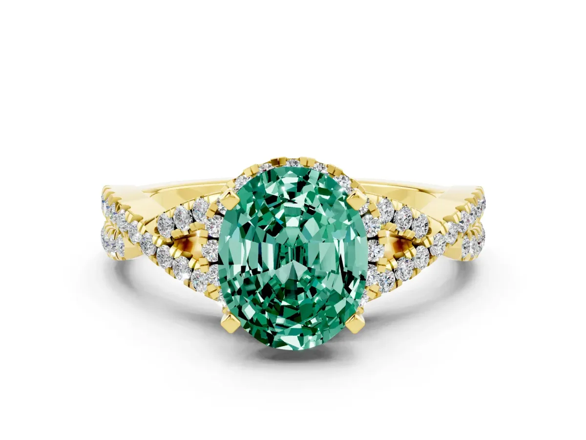 Oval Cut Green Sapphire Halo Twist Band Solitaire Prong Setting Ring Yellow gold