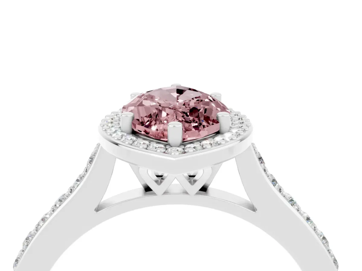 Marquise Cut Morganite Halo Engagement Ring with Round Pavé Shoulders and Prong Setting Platinum