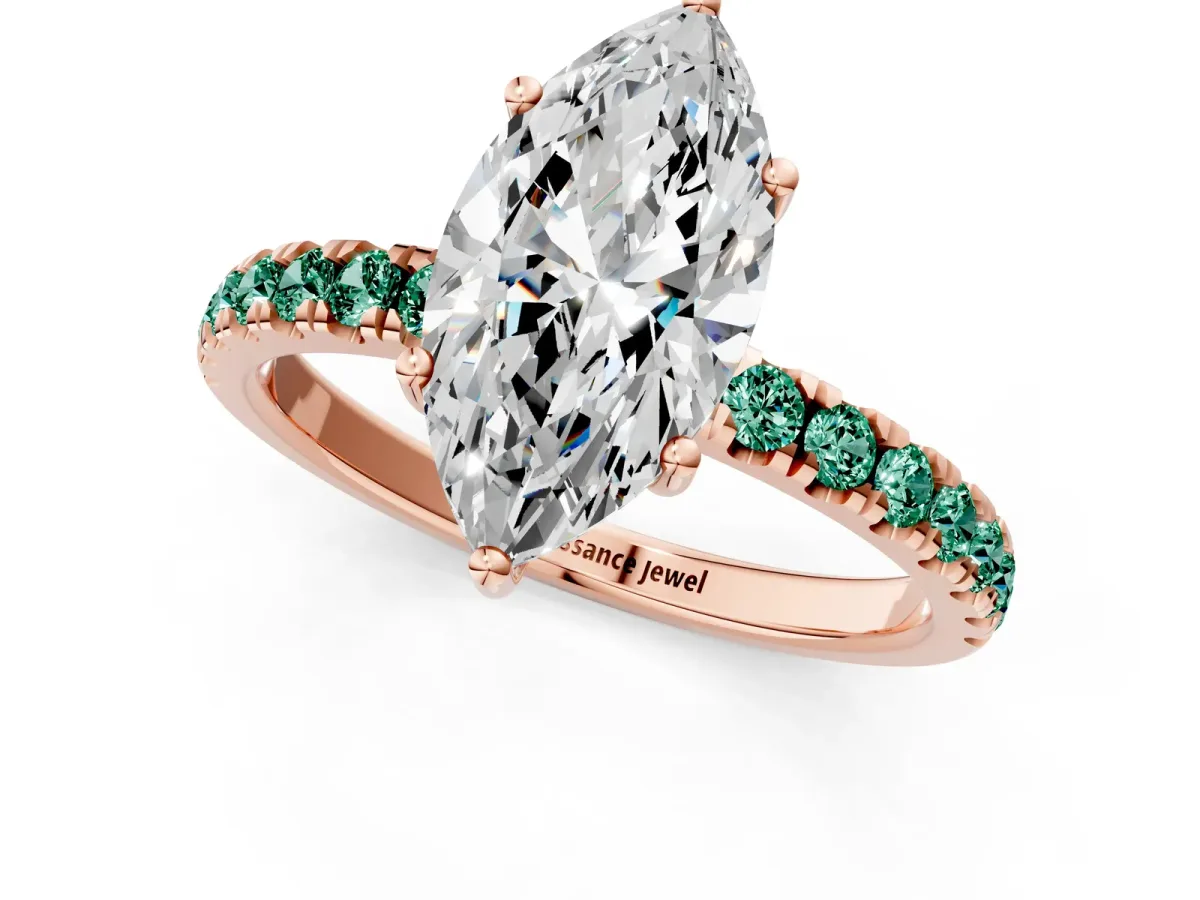 Marquise Cut Diamond Pave Band Solitaire Ring with Round Green Sapphire and Prong Setting Rose gold