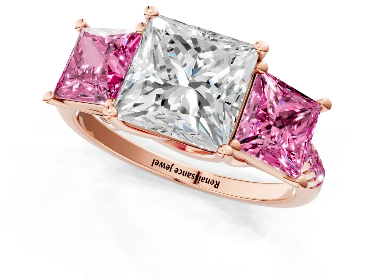 Three-Stone Princess Cut Diamond Ring with Round Pink Sapphire Pavé Band and Prong Setting Rose gold