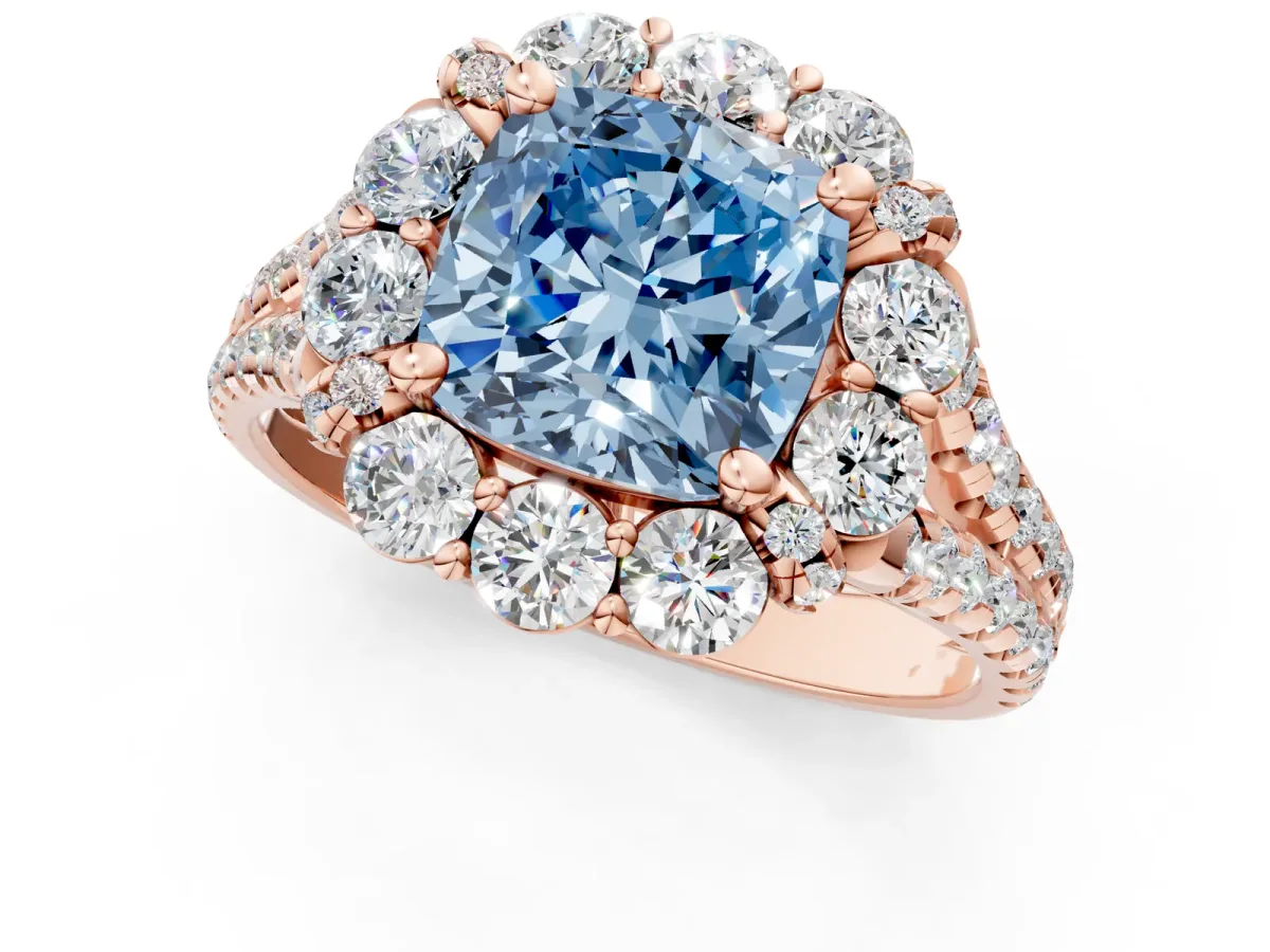Fancy Blue Cushion Cut Halo Split Shank Diamond Engagement Ring with Pave Band and Four-Prong Setting Rose gold