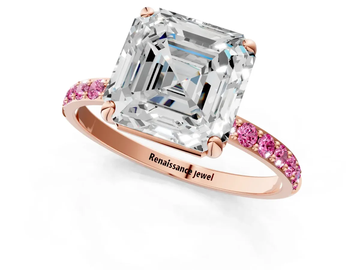 Asscher Cut Diamond Solitaire Ring with Round Pink Sapphire Pavé Band and Prong Setting Rose gold