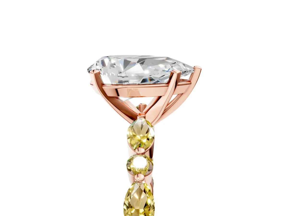 Pear Cut Diamond Ring with Marquise and Round Yellow Sapphire Side Stones and Four-Prong Setting Rose gold