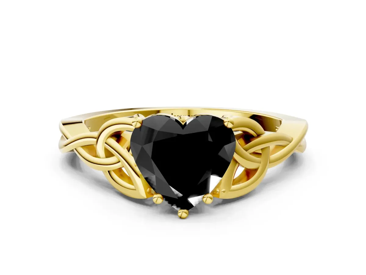 Fancy Black Heart Cut Diamond Solitaire Engagement Ring with Celtic Knot Band and Four-Prong Setting Yellow gold