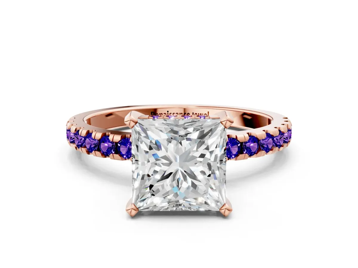 Princess Cut Diamond Solitaire Ring with Round Tanzanite Pavé Band and Four-Prong Setting Rose gold
