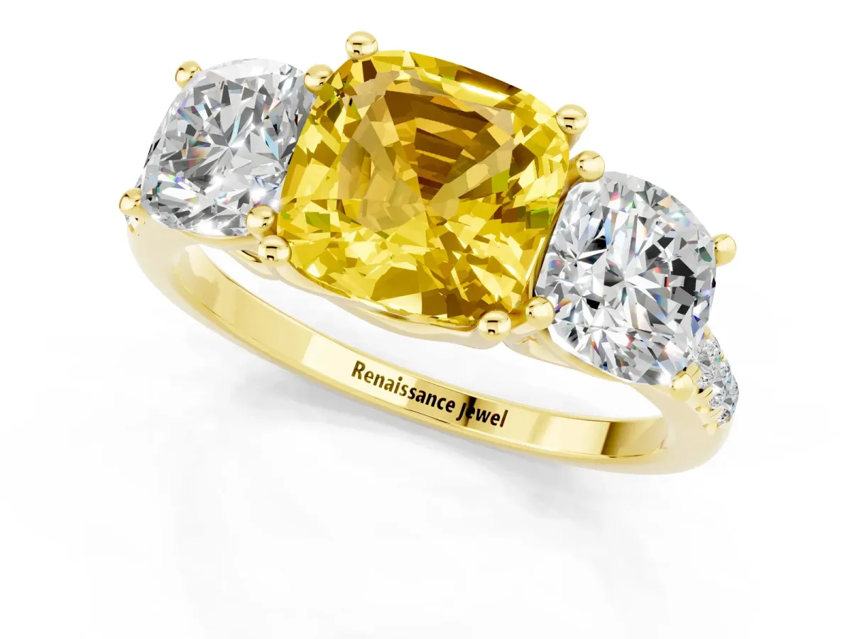 Three-Stone Cushion Cut Yellow Sapphire Ring with Round Pavé Band and Prong Setting Yellow gold