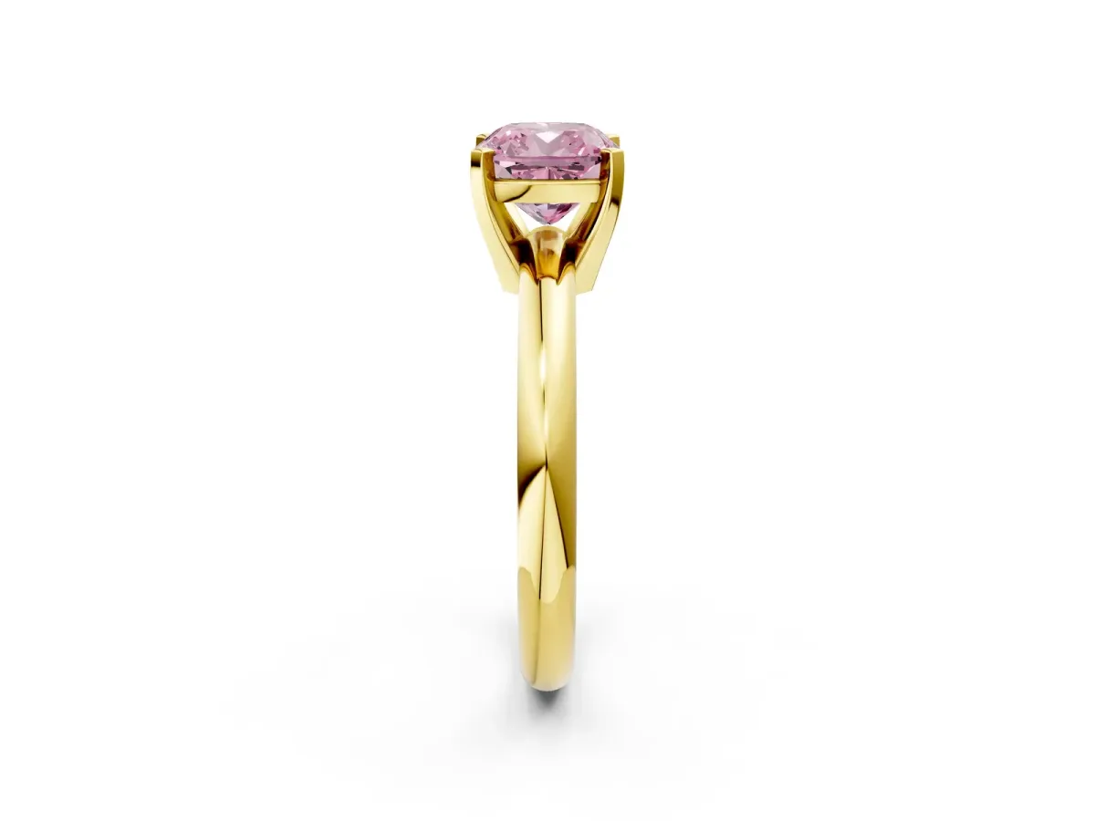 Fancy Pink Cushion Cut Diamond Solitaire Engagement Ring with Round Band and Four-Prong Setting Yellow gold