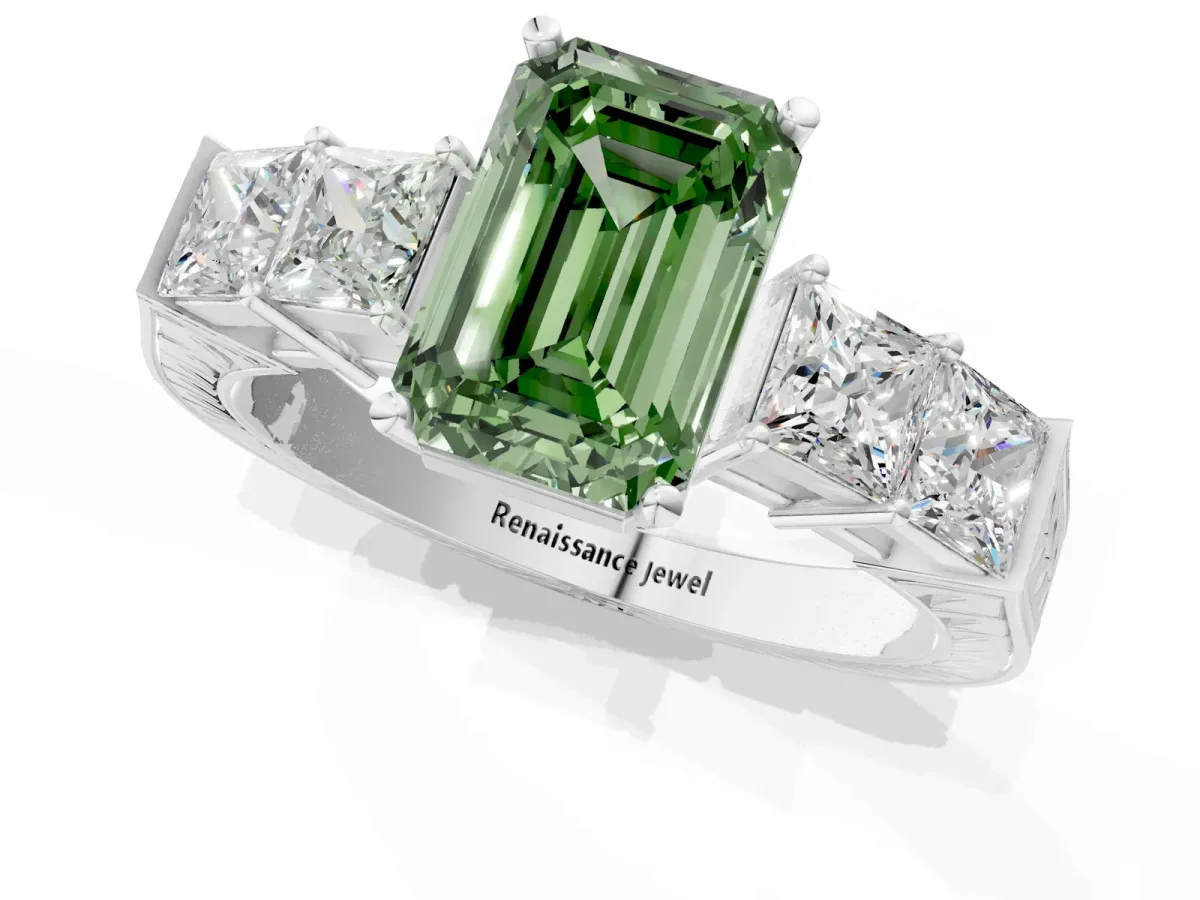 Fancy Green Emerald Cut Solitaire Princess Side Stone Engraved Band Prong Setting Ring Silver