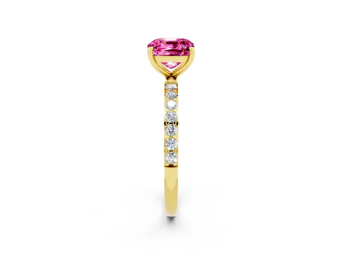 Cushion Cut Pink Sapphire Solitaire Ring with Round Pavé Band and Prong Setting Yellow gold