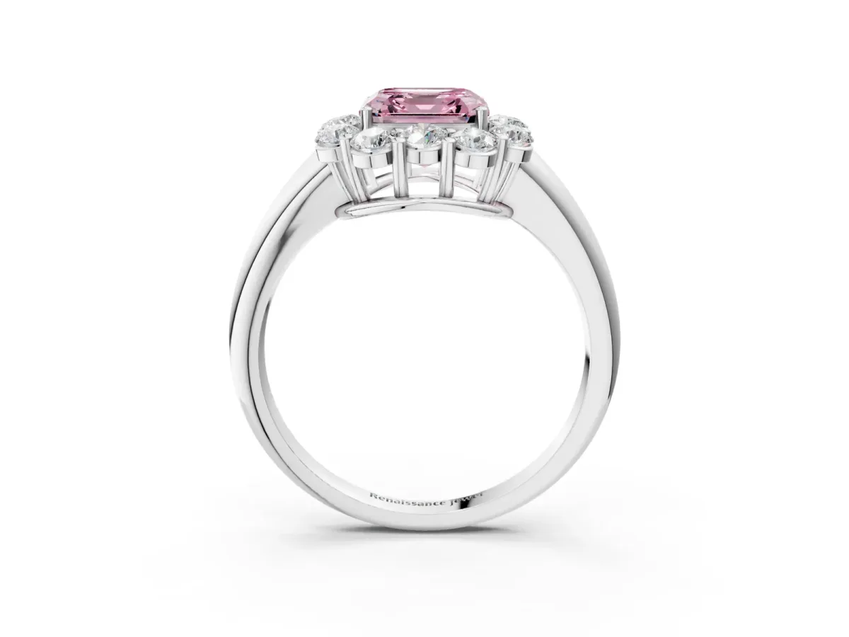 Fancy Pink Asscher Cut Halo Milgrain Solitaire with Bezel Set Side Stones and Pave Band Platinum