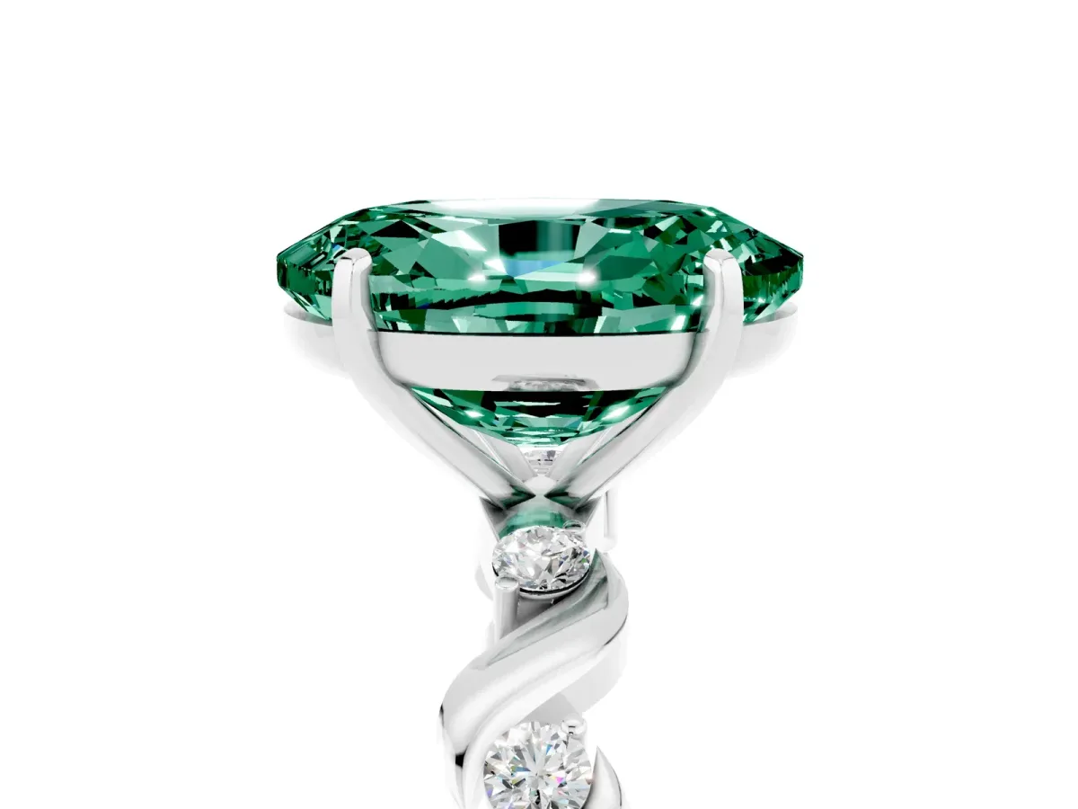 Oval Cut Green Sapphire Solitaire Twisted Band with Round Accents and Prong Setting White gold