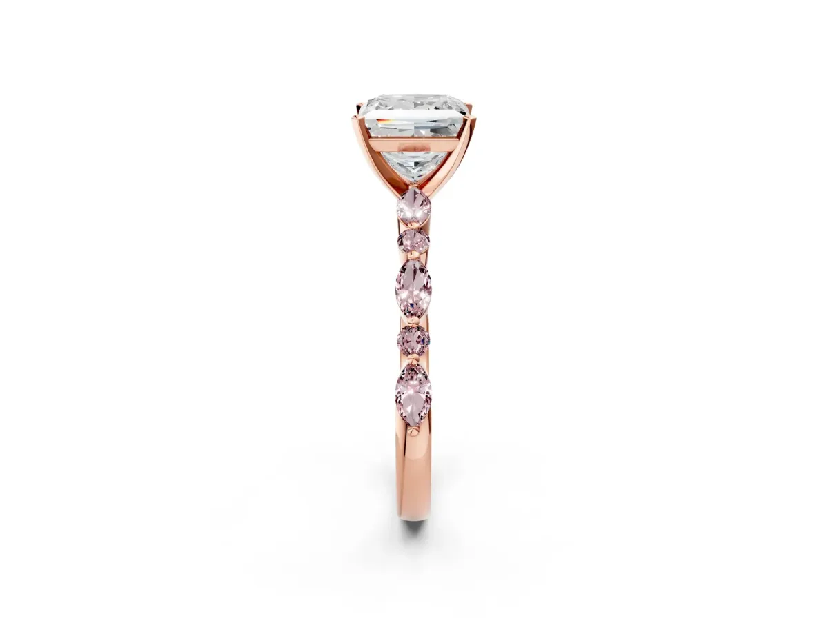 Princess Cut Diamond Ring with Marquise and Round Morganite Side Stones and Four-Prong Setting Rose gold