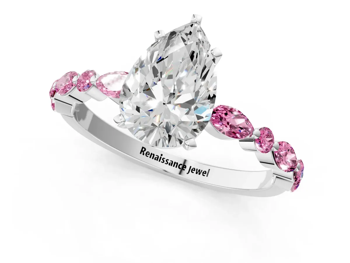 Pear Cut Diamond Ring with Marquise and Round Pink Sapphire Side Stones and Four-Prong Setting White gold