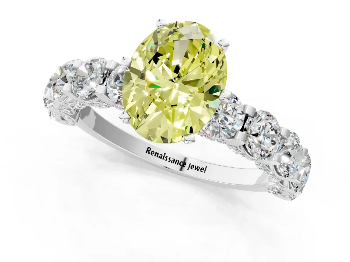 Fancy Yellow Oval Cut Diamond Side Stone Engagement Ring with Four-Prong Setting Platinum
