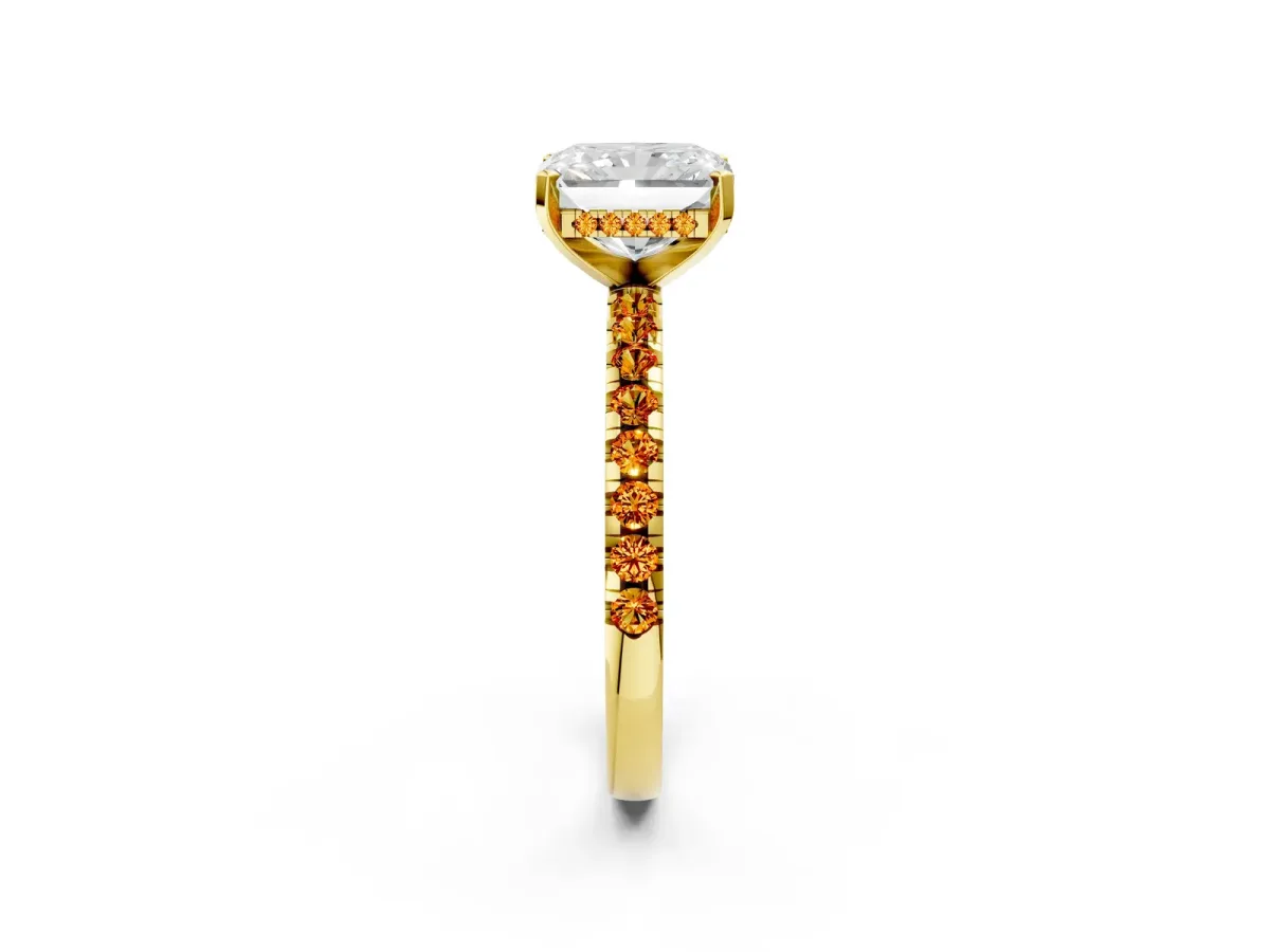 Radiant Cut Diamond Solitaire Ring with Round Citrine Pavé Band and Four-Prong Setting Yellow gold