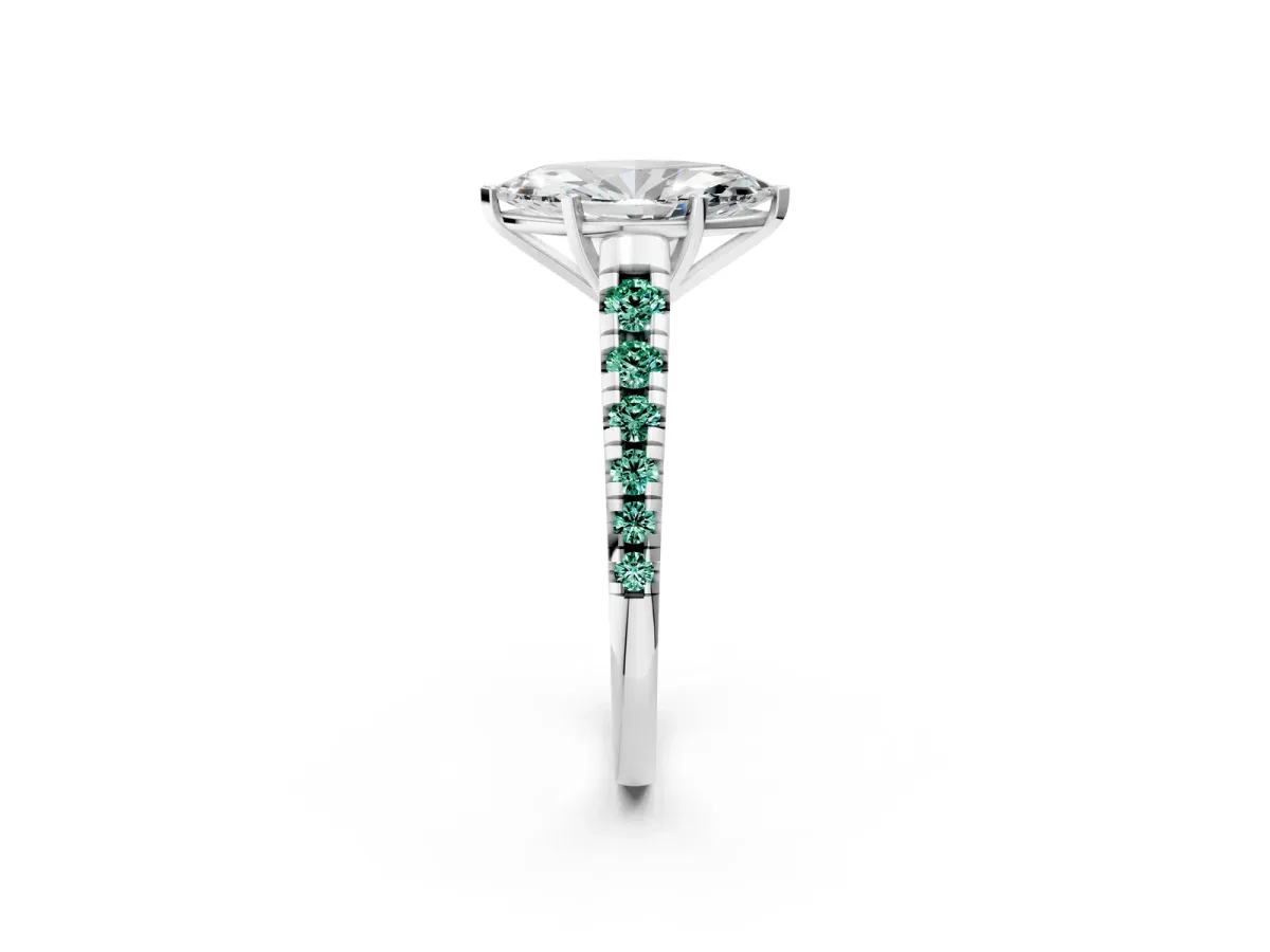 Marquise Cut Diamond Cathedral Solitaire Ring with Round Green Sapphire Pavé Band White gold
