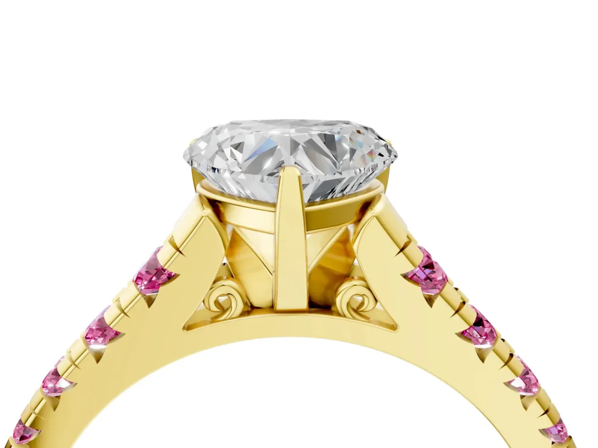 Heart Cut Diamond Cathedral Solitaire Ring with Round Pink Sapphire Pavé Band Yellow gold