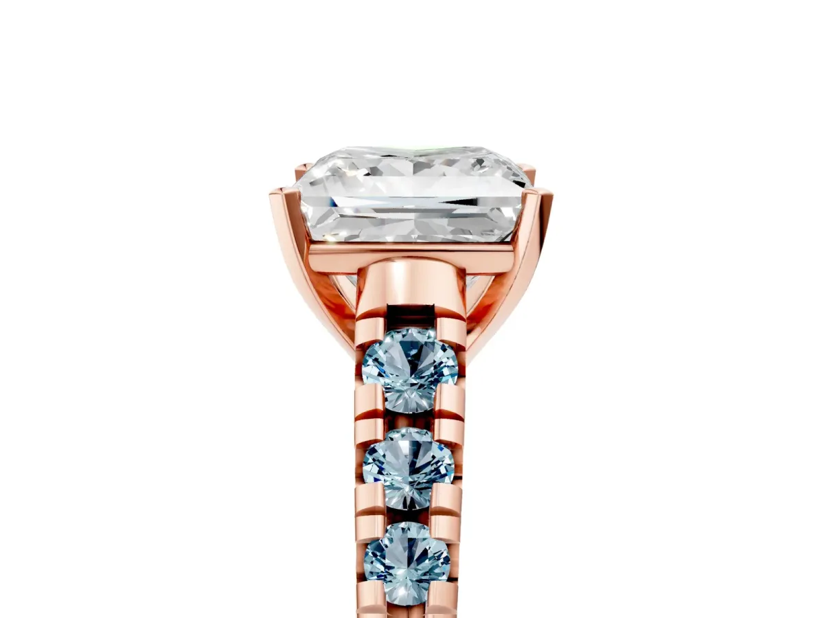 Princess Cut Diamond Cathedral Solitaire Ring with Round Aquamarine Pavé Band Rose gold