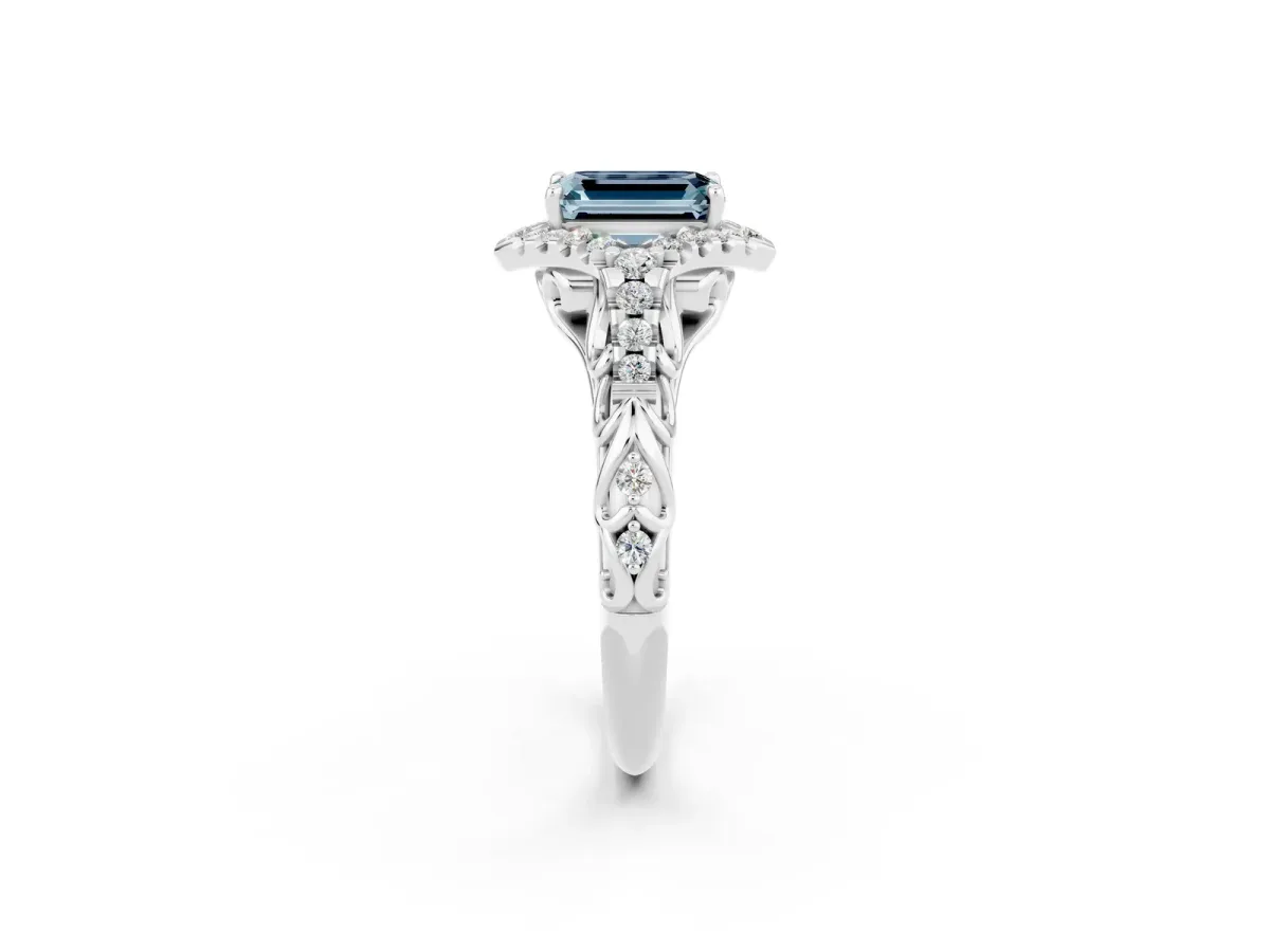 Emerald Cut Aquamarine Solitaire Ring with Hidden Halo and Pavé Band White gold