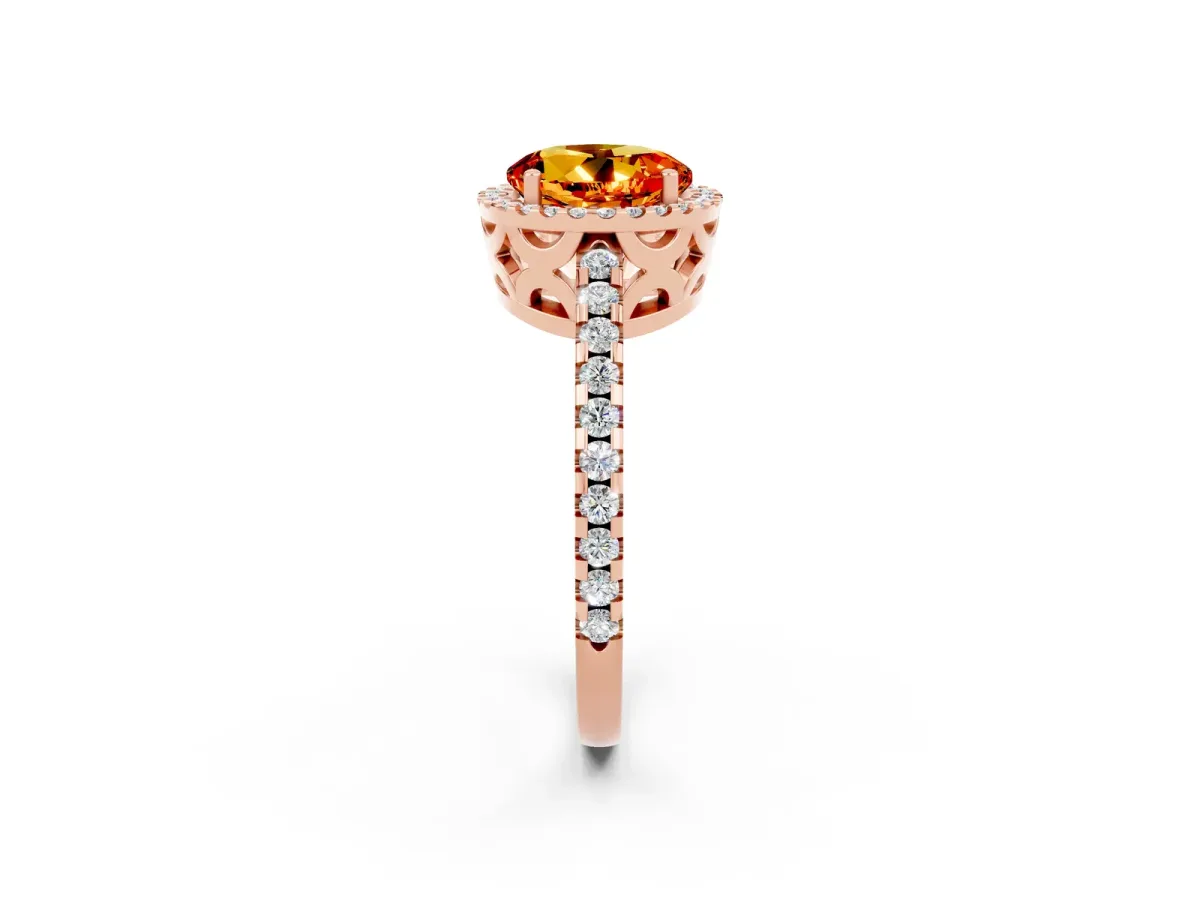 Round Cut Citrine Halo Engagement Ring with Pavé Band and Prong Setting Rose gold