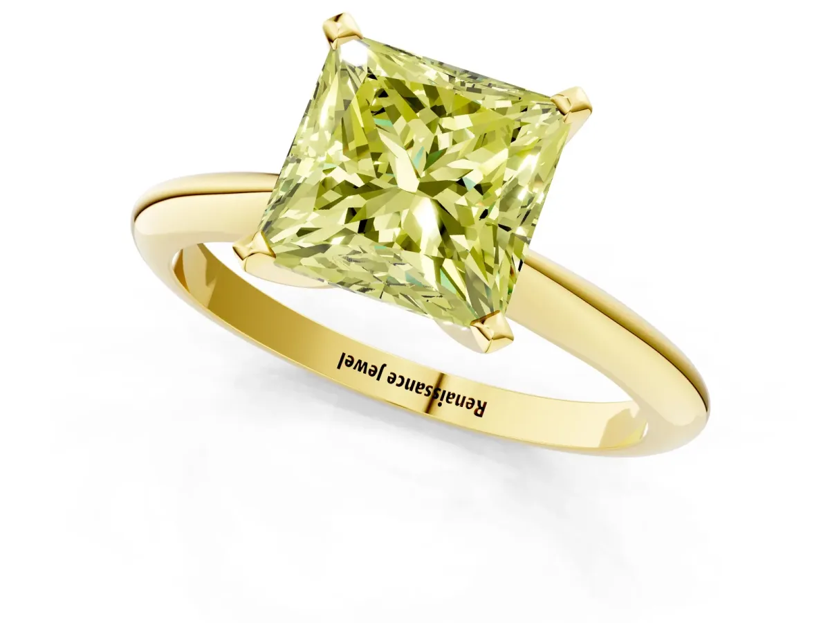 Fancy Yellow Princess Cut Diamond Solitaire Engagement Ring with Classic Band and Four-Prong Setting Yellow gold