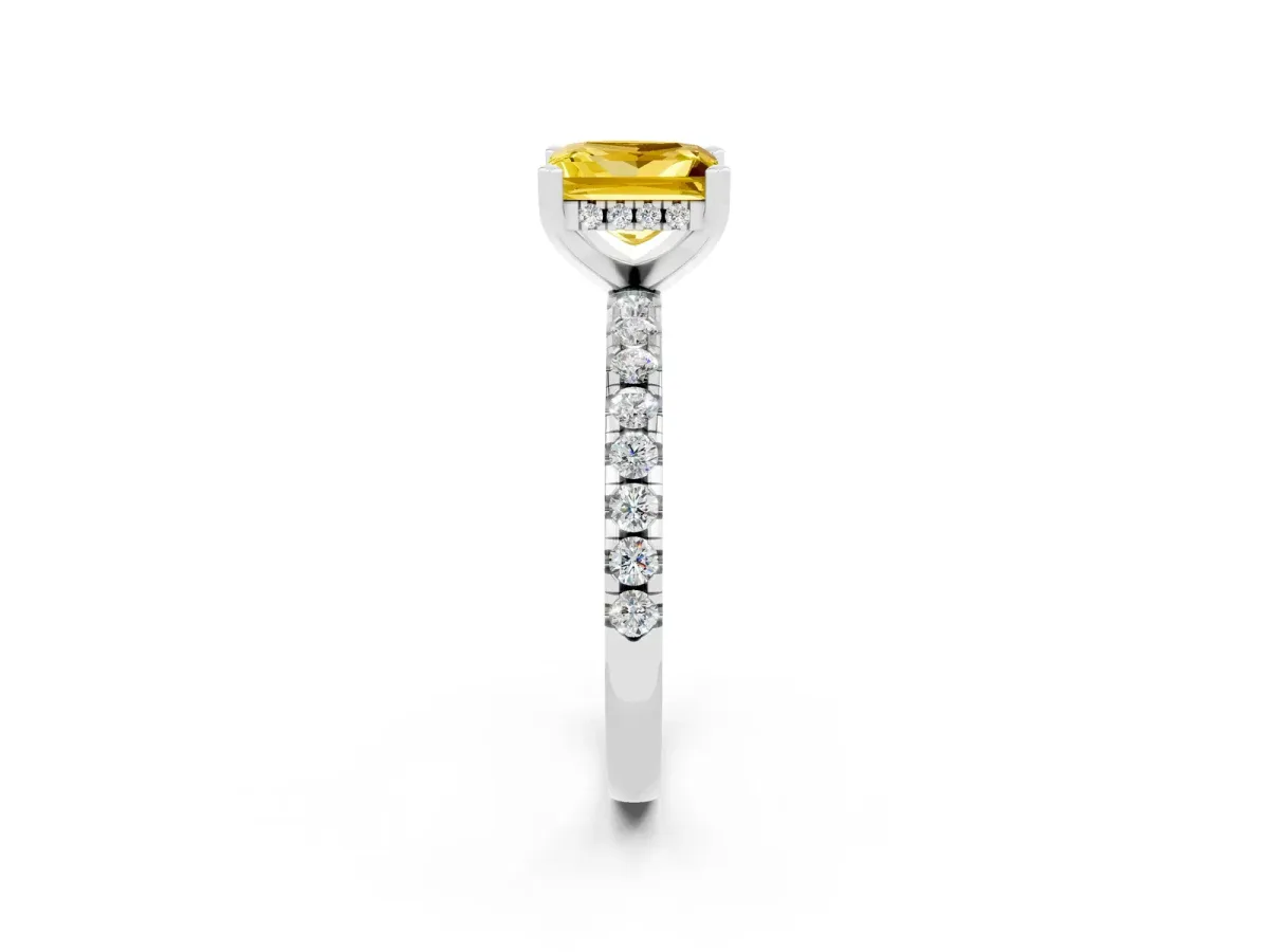 Princess Cut Yellow Sapphire Solitaire Ring with Round Pavé Band and Four-Prong Setting White gold