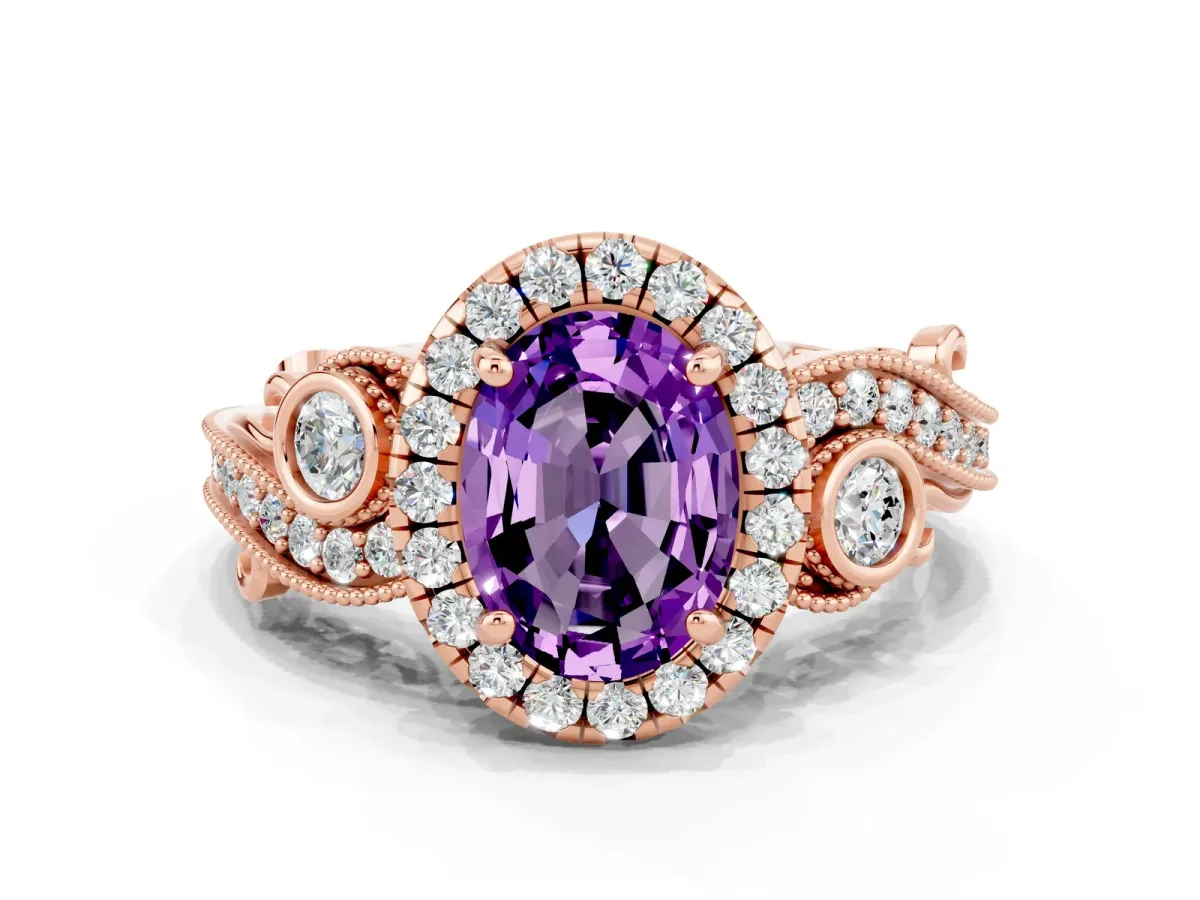 Oval Cut Amethyst Halo Ring with Milgrain Pavé Band and Four-Prong Setting Rose gold