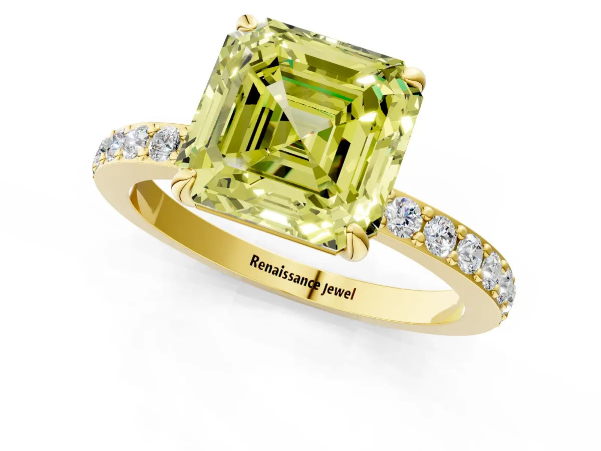 Fancy Yellow Asscher Cut Diamond Solitaire Engagement Ring with Pavé Band and Four-Prong Setting Yellow gold