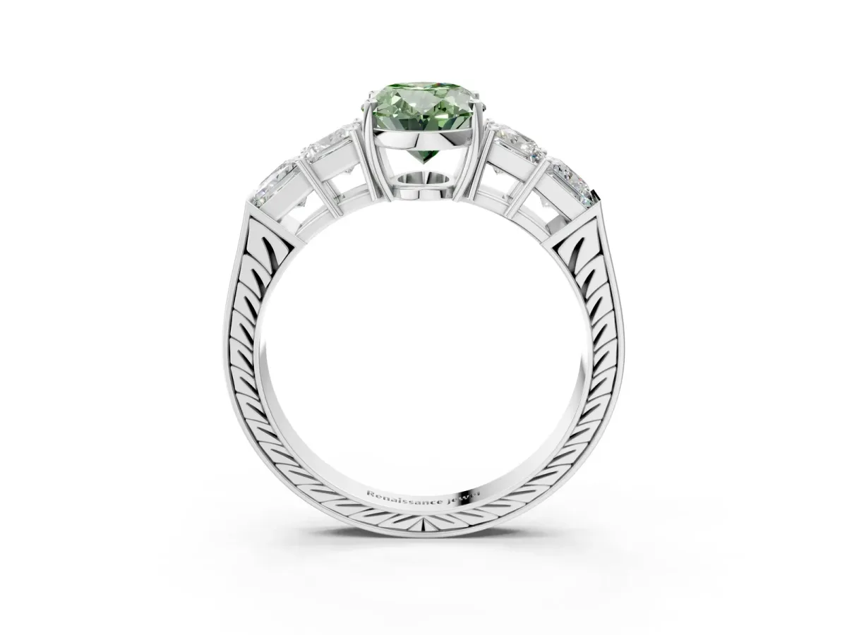 Fancy Green Oval Cut Solitaire Princess Side Stone Engraved Band Prong Setting Ring Platinum