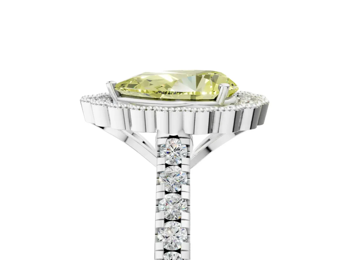 Fancy Yellow Pear Cut Cut Diamond Milgrain Floral Halo Engagement Ring with Pavé Band Silver