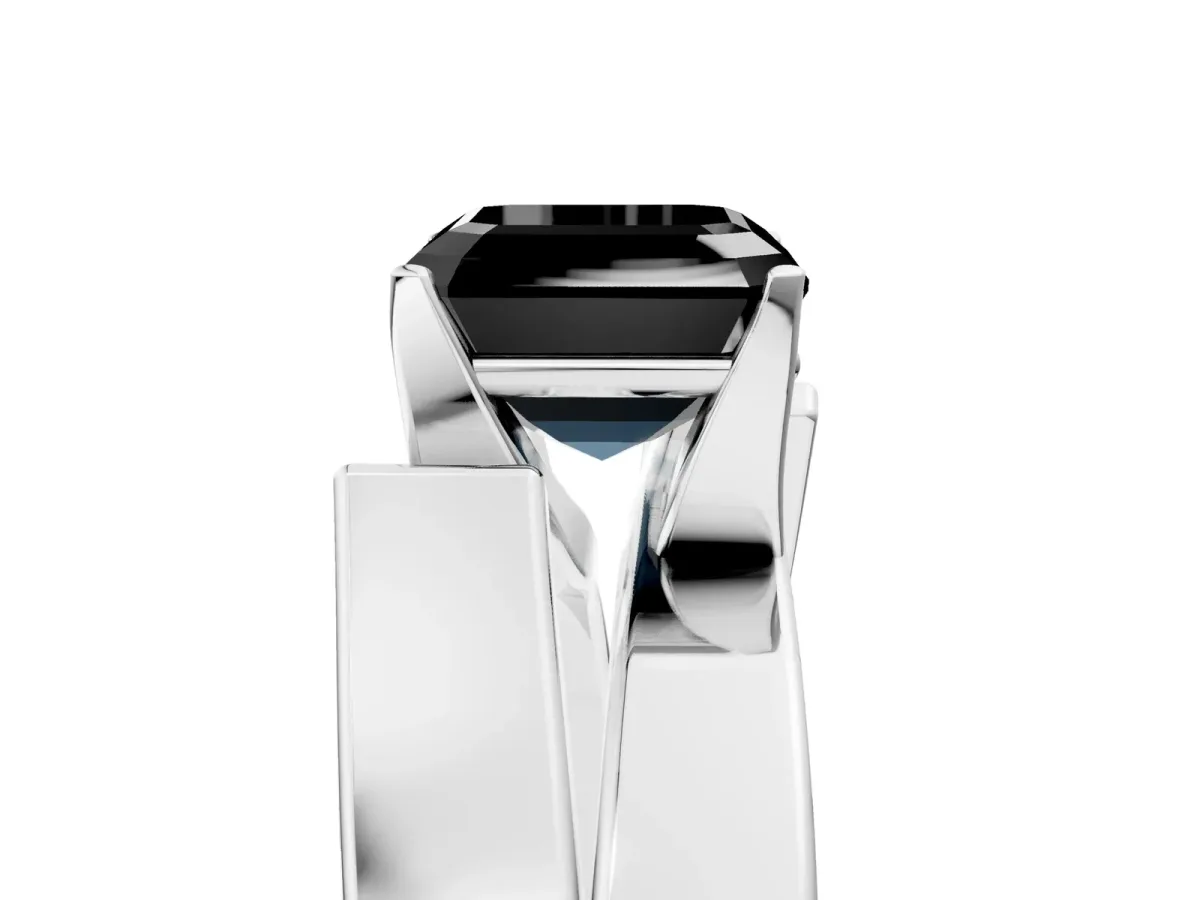 Fancy Black Modern Tension Set Asscher Cut Diamond Solitaire Wide Band Ring Silver