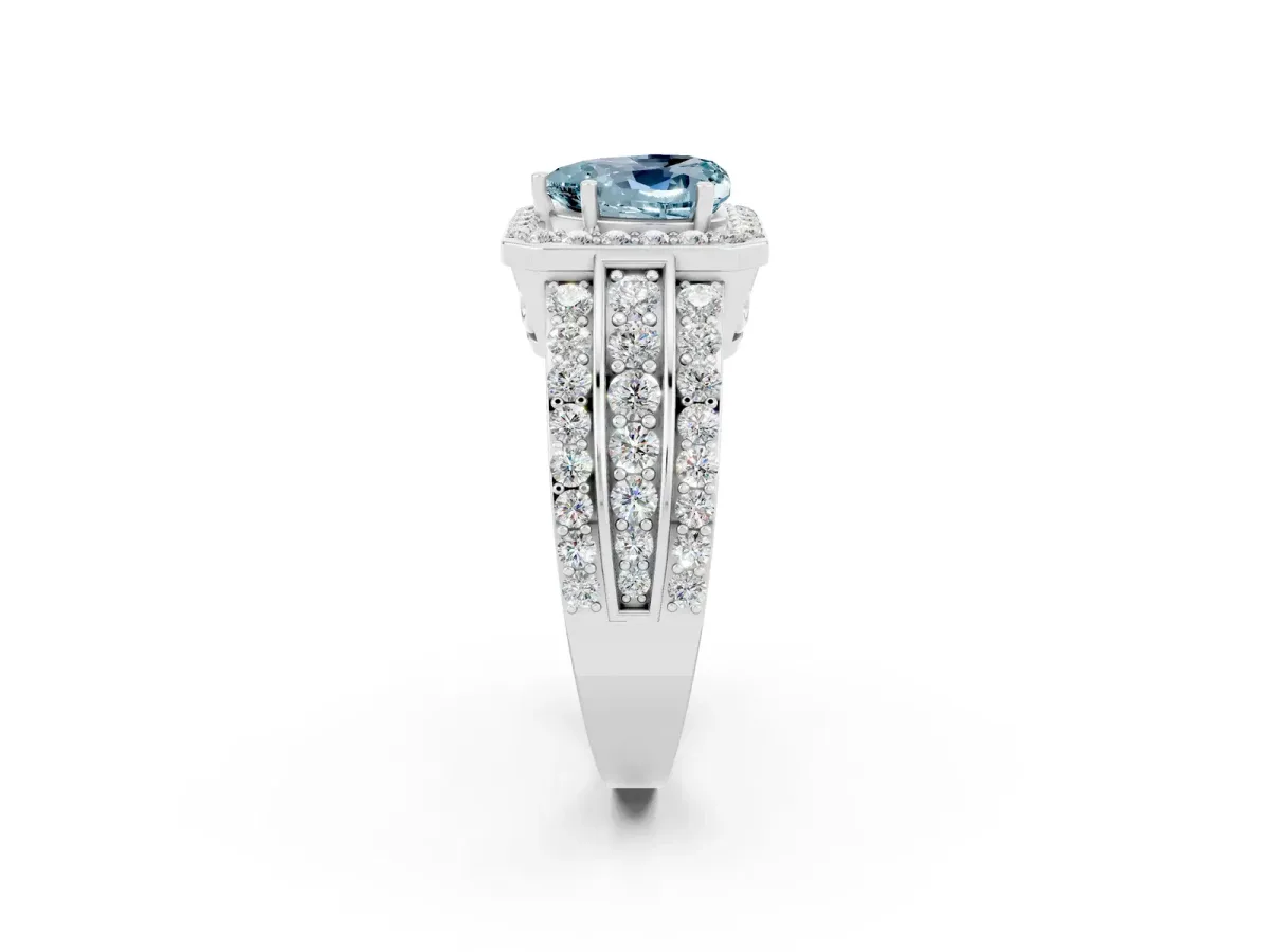 Heart Cut Halo Aquamarine Ring with Round Split Shank and Prong Setting White gold