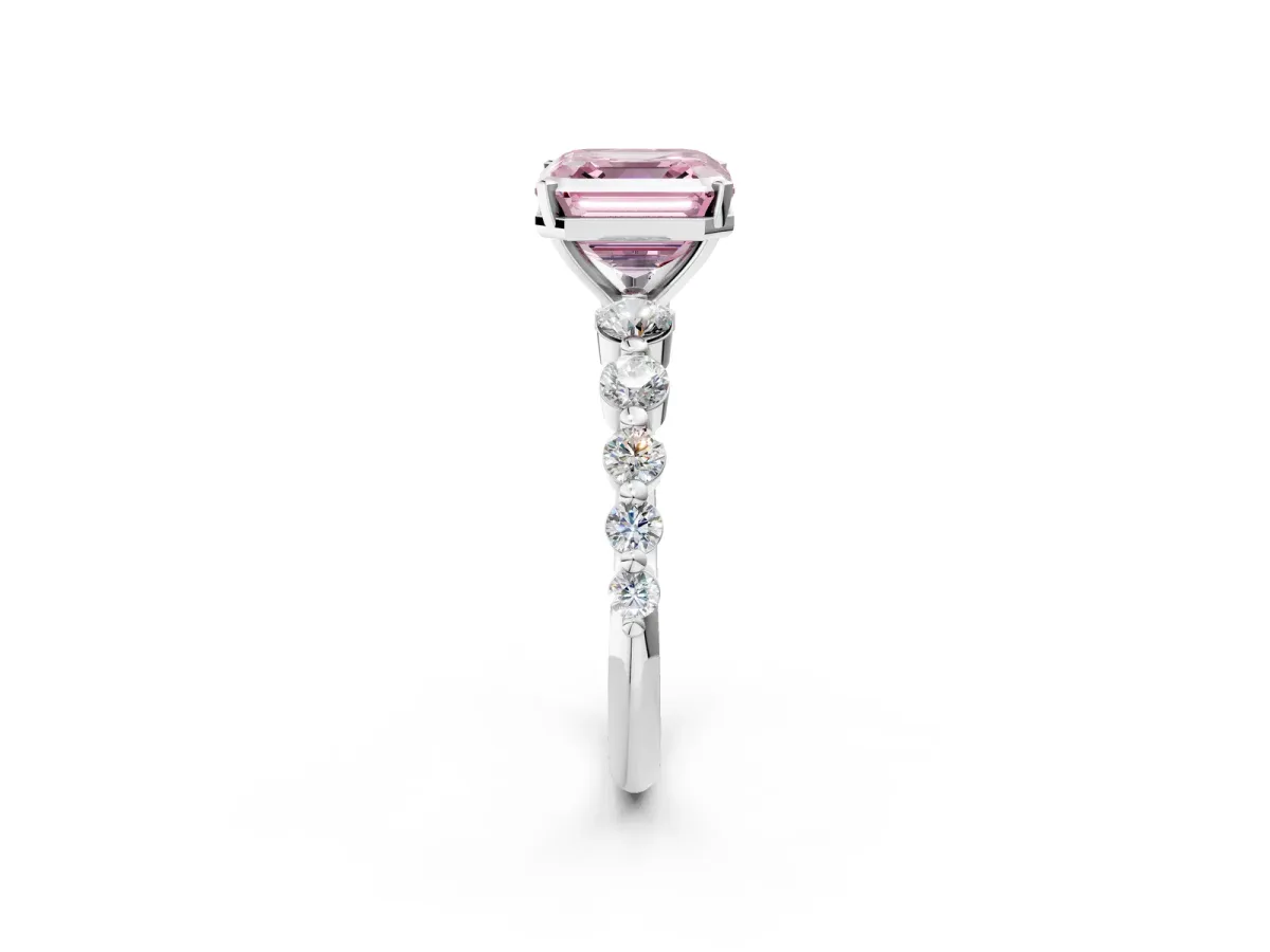 Fancy Pink Asscher Cut Solitaire Diamond Ring with Pave Band and Four-Prong Setting Platinum