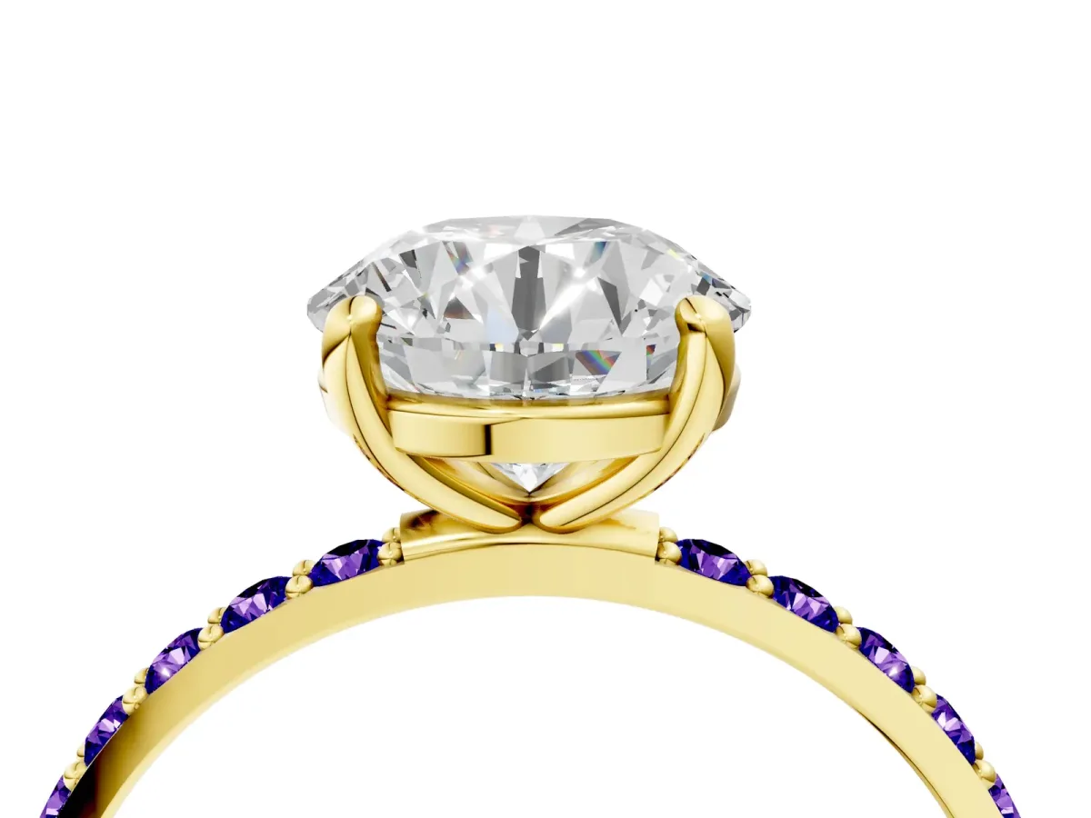 Round Cut Diamond Solitaire Ring with Round Tanzanite Pavé Band and Prong Setting Yellow gold