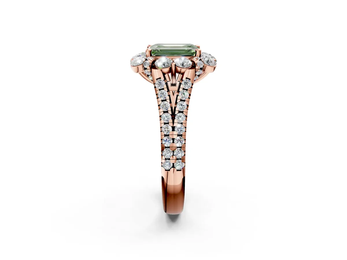 Fancy Green Emerald Cut Halo Split Shank Diamond Engagement Ring with Pave Band and Four-Prong Setting Rose gold