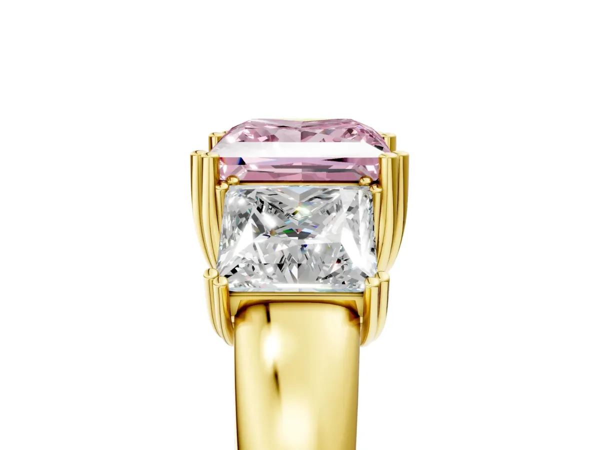 Fancy Pink Three-Stone Princess Cut Cut Diamond Ring with Channel Set Band and Four-Prong Setting Yellow gold