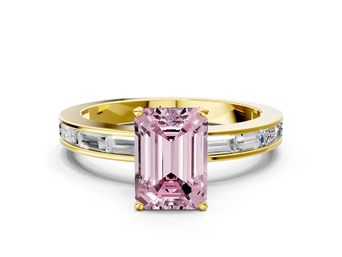Fancy Pink Emerald Cut Solitaire Diamond Ring with Channel-Set Baguette Band and Four-Prong Setting Yellow gold