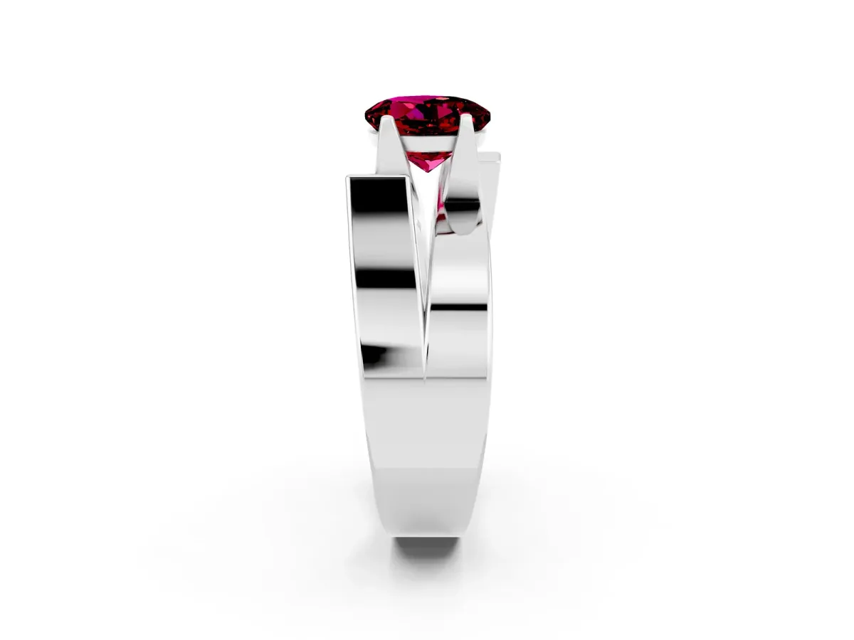 Modern Tension Set Round Cut Garnet Solitaire Wide Band Ring Platinum