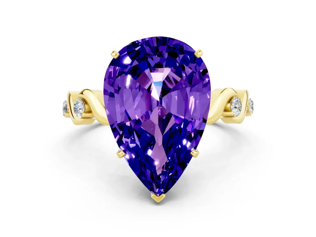 Pear Cut Tanzanite Solitaire Twisted Band with Round Accents and Prong Setting Yellow gold