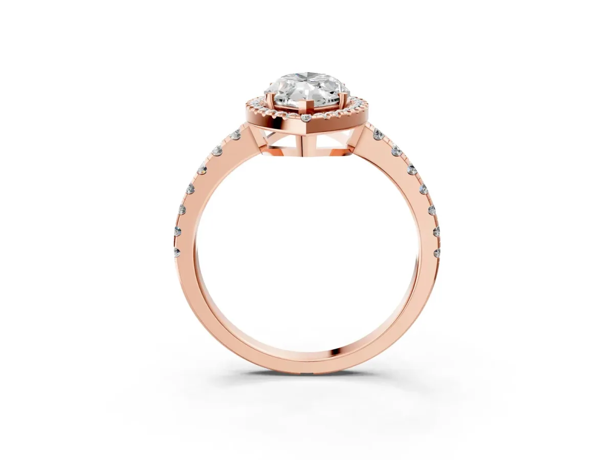 Marquise Cut Diamond Halo Ring with Pavé Band and Four-Prong Setting Rose gold