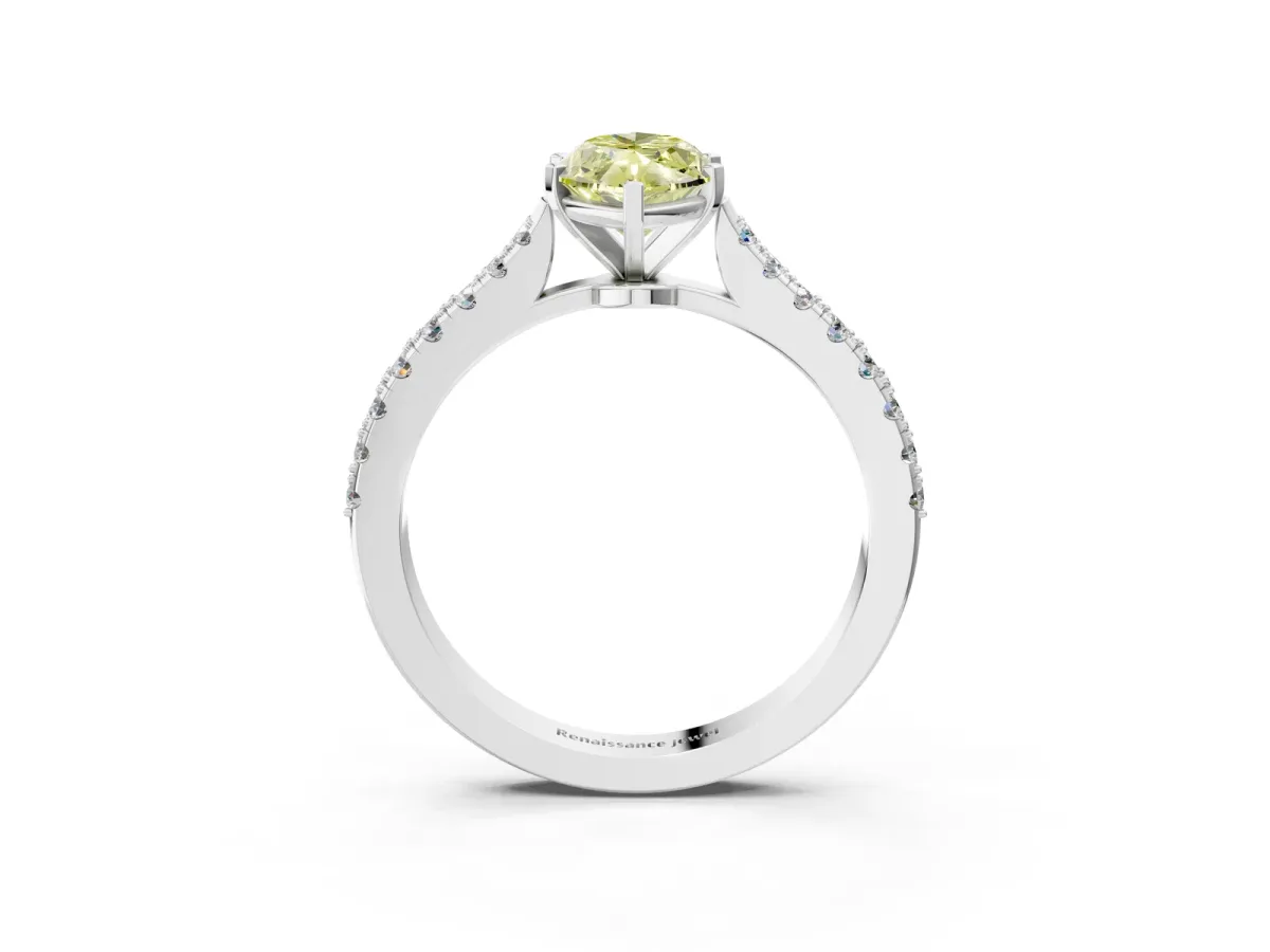Fancy Yellow Marquise Cut Cut Solitaire Diamond Engagement Ring with Pave Band and Four-Prong Setting White gold