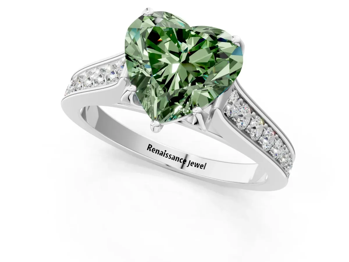 Fancy Green Heart Cut Brilliant Cut Diamond Engagement Ring with Pavé Band and Four-Prong Setting Platinum
